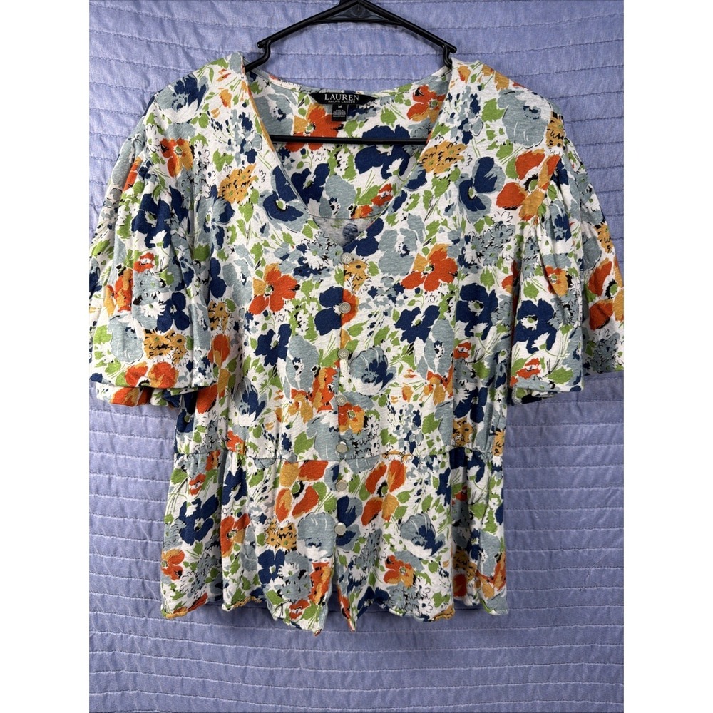 Lauren Ralph Lauren Floral Linen Blend Top Women's M Flutter Sleeve Multicolor